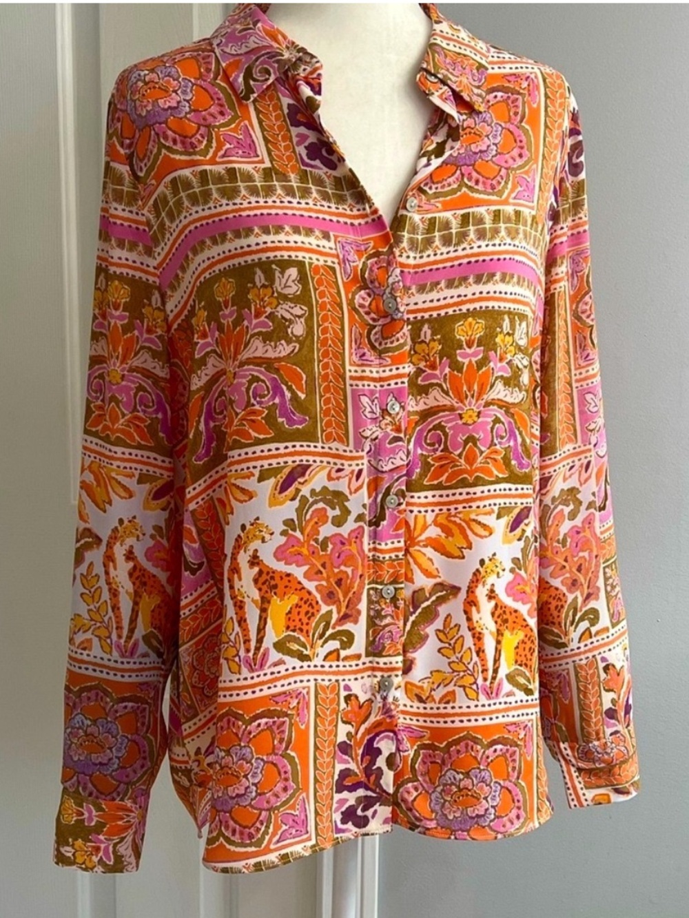 Rose+Olive Patchwork Button-Up Blouse Orange Multi Size L